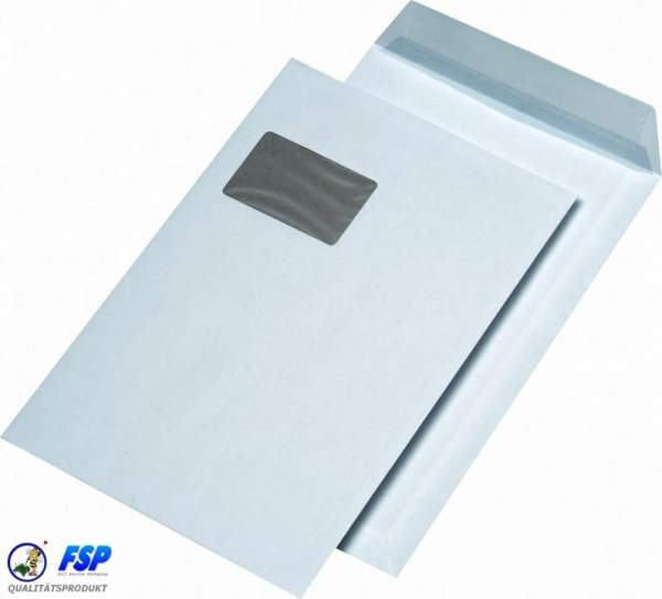Weiße Papprückwandtaschen DIN C4 229x324mm mit Fenster haftklebend