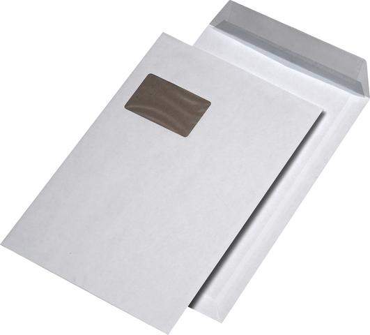 Papprückwandtaschen 229x324mm mit Fenster Weiß haftklebend